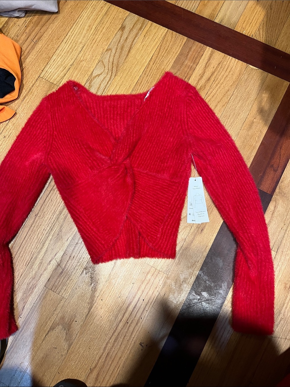 Red Twisted Front Fuzzy Crop Sweater - Women